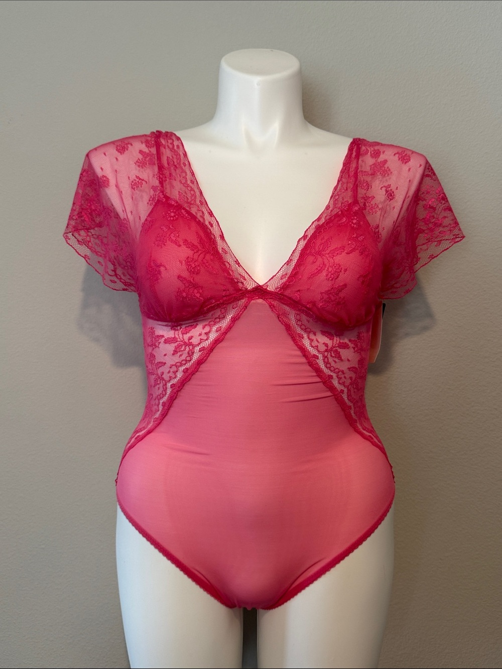 Wacoal Sheer Floral Lace Bodysuit in Hot Pink